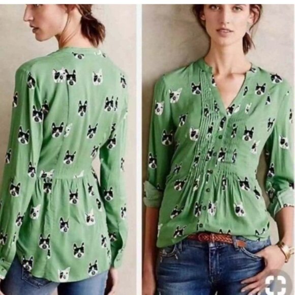 Anthropologie Tops - *SOLD* ANTHRO | Maeve French bulldog blouse green sz 8